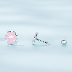 Silver & Pink Paw Print Stud Earrings - Lullaboo
