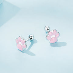 Silver & Pink Paw Print Stud Earrings - Lullaboo